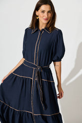 Navy Maxi Shirt Dress with Contrast Piping